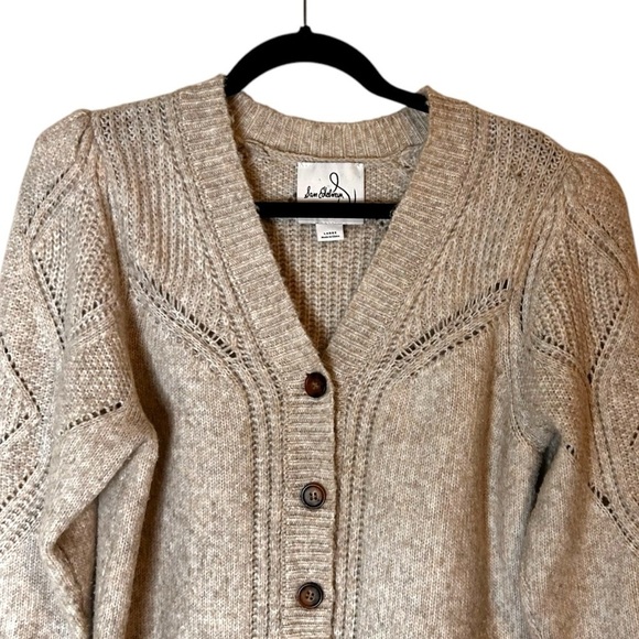 Sam Edelman Julietta Ribbed Knit V-Neck Puff Sleeve Button Front Cardigan- Large - Picture 3 of 11